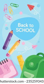 Back to School Flat Vector Illustration. Pretty banner school bag, pen, pencil, ruler, notebook. Cute banner for books, articles, websites, mobile apps. All elements on different layers