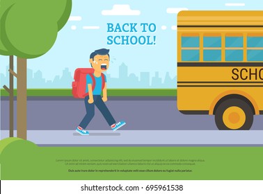 Back to school. Flat vector illustration of crying boy going to schoolbus in the street. Upset pupil with tears and screaming face going to the school