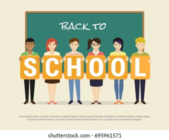 Back to school flat vector illustration of happy pupils in school classroom near chalk desk with big letters school. Smiling children standing with banner