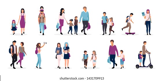 Back to school flat vector illustrations set. Preteen and teenage schoolkids, schoolchildren. Parents with kids, classmates, friends cartoon characters on white background. Schoolboys and schoolgirls