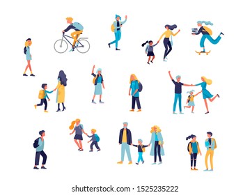 Back to school flat vector illustrations set. Preteen and teenage schoolkids. Parents with kids, schoolmates, friends cartoon characters isolated on white background. Schoolboys and schoolgirls