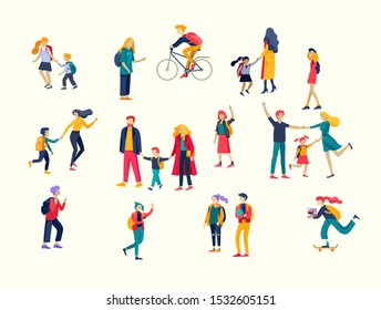 Back to school flat vector illustrations set. Preteen and teenage schoolkids. Parents with kids, schoolmates, friends cartoon characters isolated on white background. Schoolboys and schoolgirls