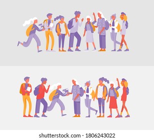 Back to school flat vector illustrations set. Preteen and teenage schoolkids. Parents with kids, schoolmates, friends cartoon characters isolated on white background. Schoolboys and schoolgirls