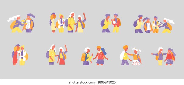 Back to school flat vector illustrations set. Preteen and teenage schoolkids. Parents with kids, schoolmates, friends cartoon characters isolated on white background. Schoolboys and schoolgirls