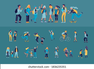 Back to school flat vector illustrations set. Preteen and teenage schoolkids. Parents with kids, schoolmates, friends cartoon characters isolated on white background. Schoolboys and schoolgirls