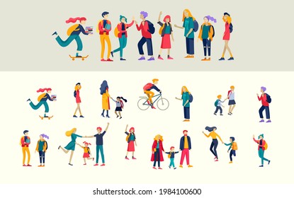 Back to school flat vector illustrations set. Preteen and teenage schoolkids. Parents with kids, schoolmates, friends cartoon characters isolated on white background. Schoolboys
