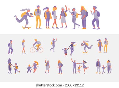 Back to school flat vector illustrations set. Preteen and teenage schoolkids. Parents with kids, schoolmates, friends cartoon characters isolated on white background. Schoolboys