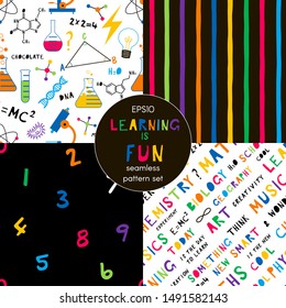 Back to school flat vector seamless pattern set. Multicolor numbers, stripes, creative typography backgrounds pack. Chemical lab equipment backdrops, wallpaper, wrapping paper cartoon design