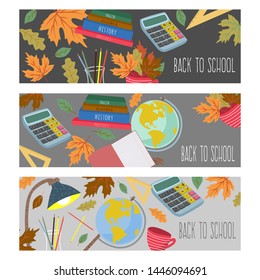 Back to school. Flat vector set horizontal banners with stationery,autumn leaves, books and other