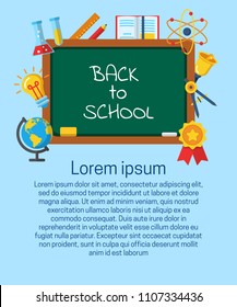 Back to school flat vertical banner. Green board with different school supplies vector illustration. Learning education concept. Place for text and isolated on blue background