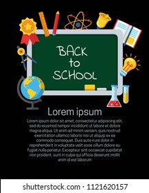 Back to school flat vertical banner. Green board with different school supplies vector illustration. Learning education concept. Place for text and isolated on blue background