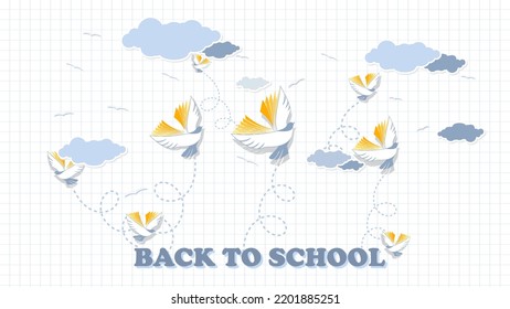 Back to school. Flaying Bird books on sky with clouds. Vector background vector