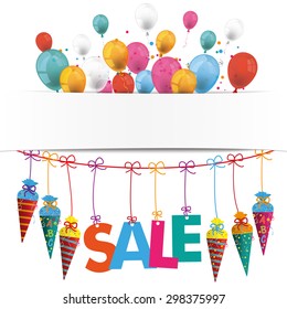 Back to school flyer with balloons, candy cones and text SALE. Eps 10 vector file.
