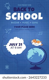 De volta ao flyer da escola com hamster de desenho animado, ilustração do globo, layout de grade azul escuro. Modelo de design vetorial para cartaz, cartão, venda, convite de festa, banner.