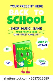 Back to the school flyer design with textbook character in groovy style. Vector illustration.