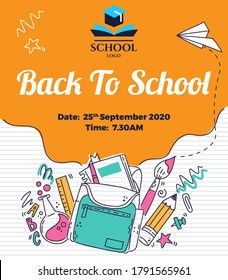 Back to school flyer design-social media design-creative carton concept-school bag-education icons and elements-water color painting design-yellow color