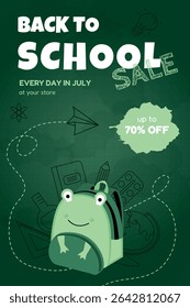Back to School flyer with frog-shaped backpack, green background and up to 70% OFF – perfect for elementary promotions, kids stationery ads, or educational product marketing
