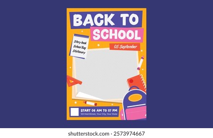 Back To School Flyer. Modern design with school supplies, education stickers, doodle. Back to school, college, study concept. Perfect for web ads, branding, flyer, banner.