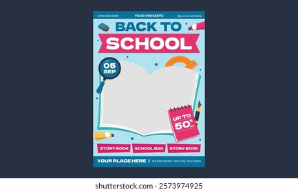 Back To School Flyer. Modern design with school supplies, education stickers, doodle. Back to school, college, study concept. Perfect for web ads, branding, flyer, banner.