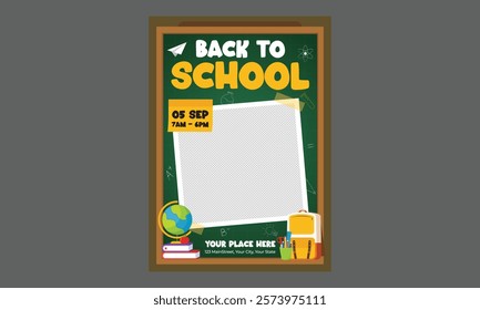 Back To School Flyer. Modern design with school supplies, education stickers, doodle. Back to school, college, study concept. Perfect for web ads, branding, flyer, banner.