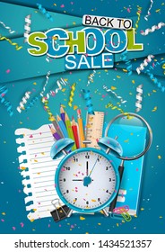 Back to school flyer or poster design with study supplies and falling celebration confetti and colorful ringlets. Stylish typography text sign. vector illustration.