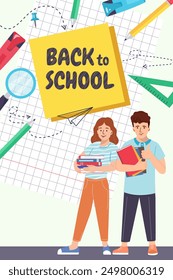 Back to school flyer with pupils. Cute childhood illustration with kids, book, paper clip, pen, stationery. Card for print, education, learning. Vector illustrations for poster, banner, advertising