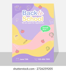 Voltar ao modelo de folheto escolar, admissão escolar e educacional imprimir folheto ou cartaz, aprendizagem on-line e folheto do jardim de infância, design de capa de brochura