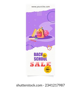 Back to school flyer template with cartoon school objects. Discount. Vector illustration