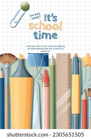 Back to school flyer template design. Stationery on a checkered background. Pen, ruler, pencils, paper clips located on the background. School and office banner
