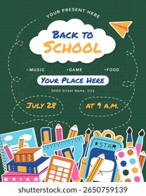 Back to School flyer template with different school objects. School party event sale poster with flat supplies to study. Vector layout music game food present time and place promo. Education concept