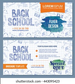 Back to school flyer template with  different school objects. banner set with green and blue watercolor splashes. Vector Brochure design