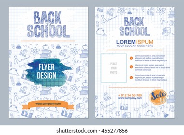 Back to school flyer template and  different school objects  school sale  banners set and orange   blue watercolor splashes
