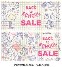 Back to school flyer template with different school objects, banners set