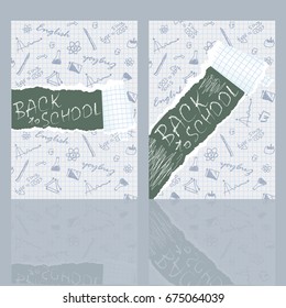 Back to school flyer template with different school objects. school sale banners set with orange and blue watercolor splashes And a school board for chalk