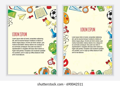 Back to school flyer template with different colored school objects.