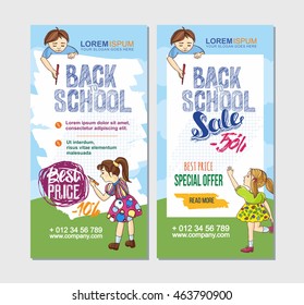 Back to school flyer template with hand drawn children characters. school banners sale set.