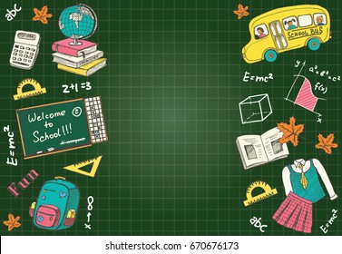 Back to School flyer template,  sale banners set Vector Illustration includes many hand drawn elements of school supplies  and chalkboard background 