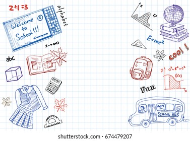 Back to School flyer template,  sale banners set Vector Illustration includes many hand drawn elements of school supplies  and chalkboard background 