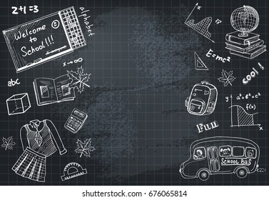 Back to School flyer template,  sale banners set Vector Illustration includes many hand drawn elements of school supplies  and chalkboard background 