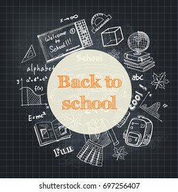 Back to School flyer template,  sale banners set Vector Illustration includes many hand drawn elements of school supplies  and chalkboard background 