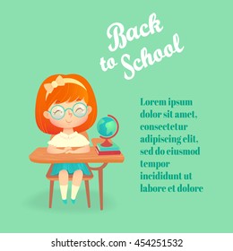 Back to school flyer template with schoolgirl in vector. Happy cartoon excellent pupil in glasses sitting at desk with books and globe. Kid study in class. Redheaded girl.