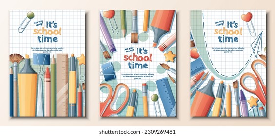 Back to school flyer template set. Stationery on a checkered background. Pen, ruler, pencils, paper clips located on the background. School and office banner