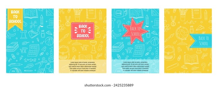 Back to school flyer template set. Hand drawn school supplies. School banner set with pattern of stationery, educational supplies for sale. Design posters for paper, textiles, fabric, wallpaper