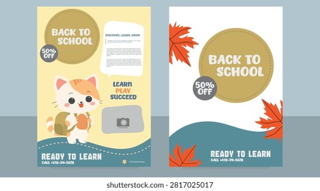 Back to school flyer templates set with cute cat and autumn leaves. Editable vector illustration