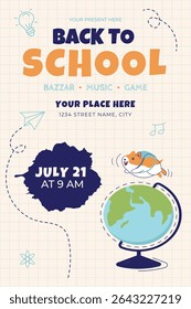 De volta à escola flyer com tipografia, material escolar elementos, um hamster cartoon e o globo. Modelo de design vetorial para cartaz, cartão, venda, convite de festa, banner.