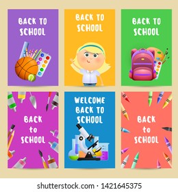 Back to school flyers with backpack, student girl, paints, microscope and lab flasks. Set of posters with school supplies and text. Vector illustration can be used for banners, cards, ads, signs