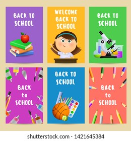 Back to school flyers with chemical flasks, microscope, student girl, books and paints. Set of posters with school supplies and text. Vector illustration can be used for banners, cards, ads, signs