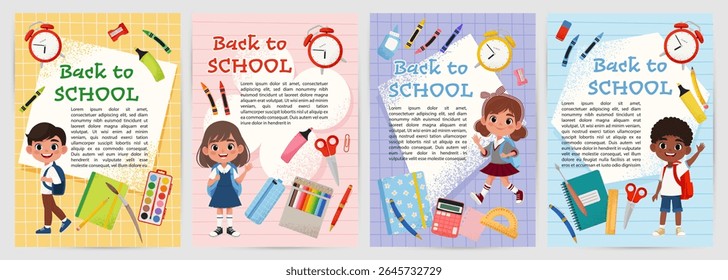 Back to School Flyers or Posters with Cute Kids and School Supplies. Vector illustration in flat style