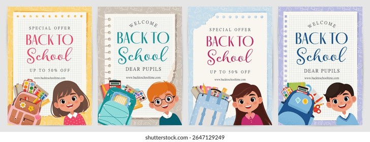 Back to School Flyers or Posters with Cute Kid Portraits and School Backpacks. Vector illustration in flat style
