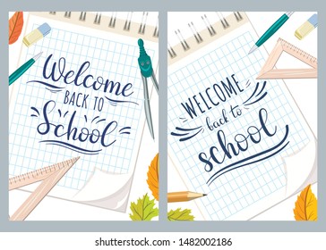 Back to school. Flyers with school supplies. checkered notebook